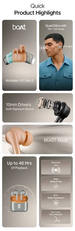 Boat Airdopes 141 Gen 2, 4 Mics ENx Tech,
48 Hrs Playback, Free Music Streaming, Fast Charge, Low Latency, IPX4, v5.4
Bluetooth Earbuds, TWS Ear Buds
Wireless Earphones with mic (Active
Black)