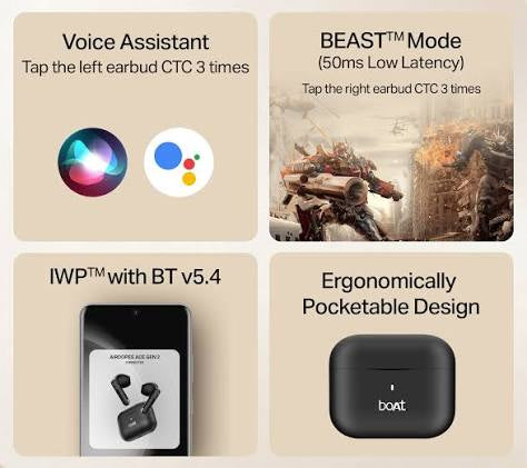 Airdopes Ace Gen 2, 13mm Drivers,ENx,45H Battery,
ASAP Charge TWS Earbuds Shadow Black