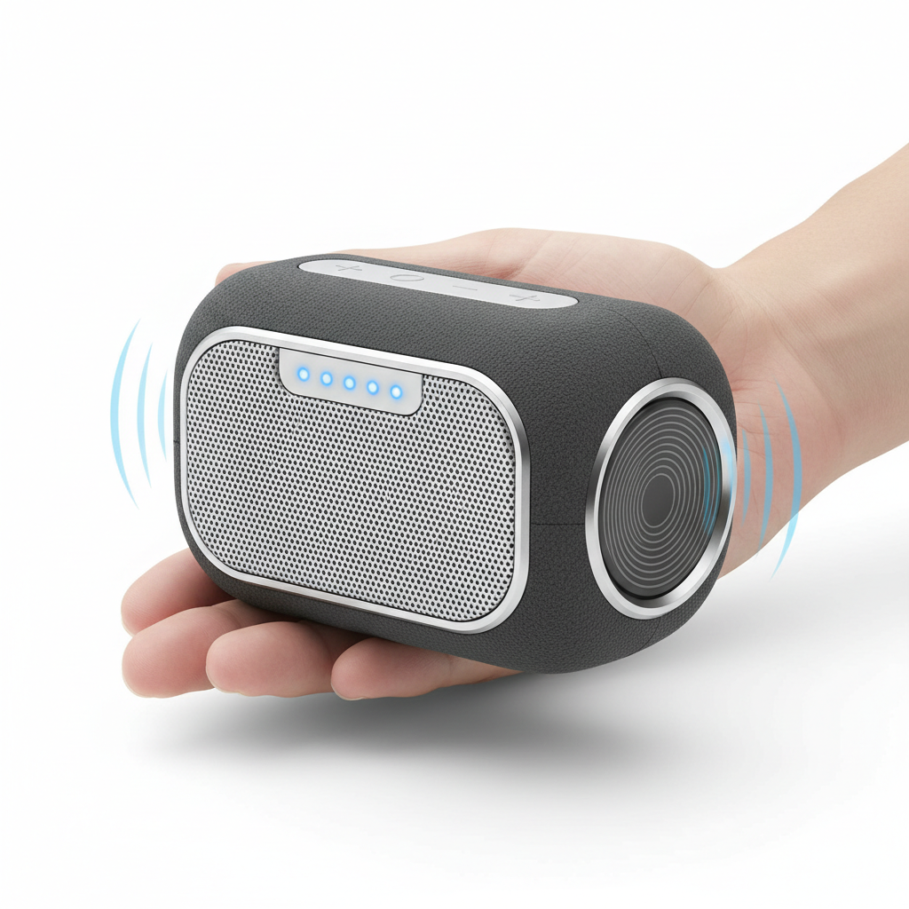 Compact portable Bluetooth speaker with deep bass and long battery life.