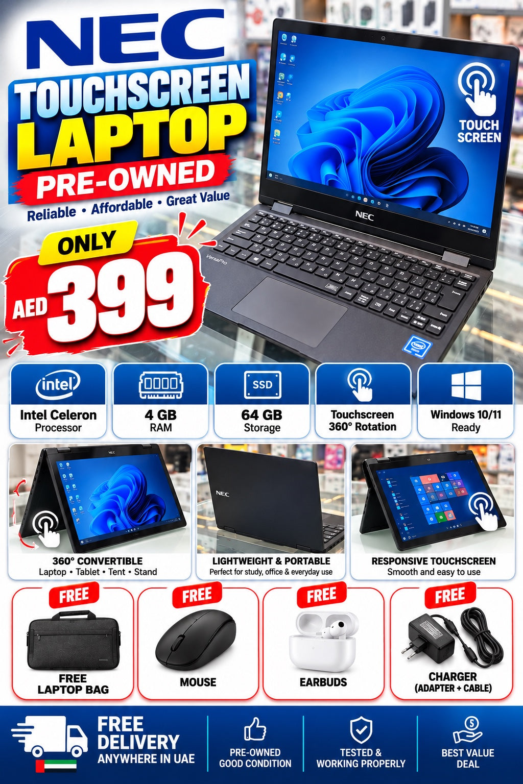 NEC pre-owned touchscreen laptop offer AED 399 with free accessories and UAE delivery