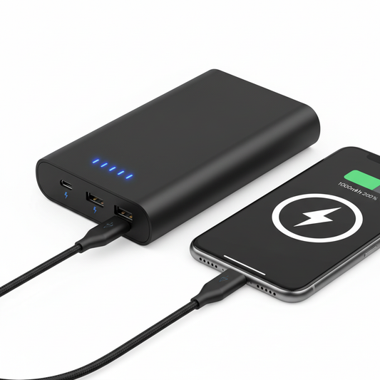 Portable power bank with fast charging support for smartphones.