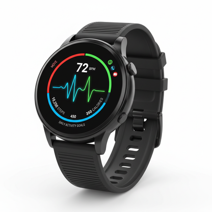 Smart fitness watch with heart rate, activity tracking and notifications.